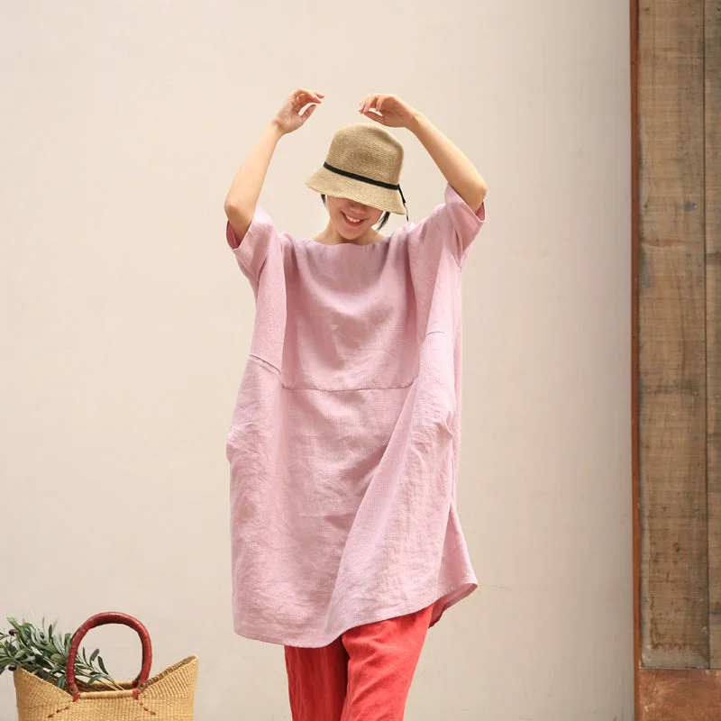 Pink Loose Linen Cotton Blouse Casual Summer Oversized Women Dresses Z97298 Wedding guest unclassified dresses