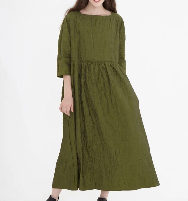 Army Green Linen Cotton  Women Dress SJ9201229 Silk unclassified dresses