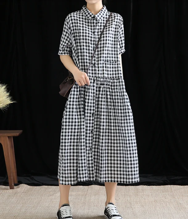 Checked Summer Spring Cotton Linen Women Dresses DZA20674 One-shoulder unclassified dresses