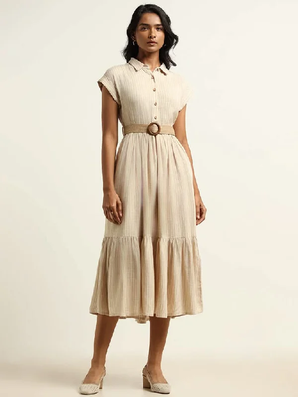 LOV Beige Collared Blended Linen Dress with Belt Elegant unclassified dresses