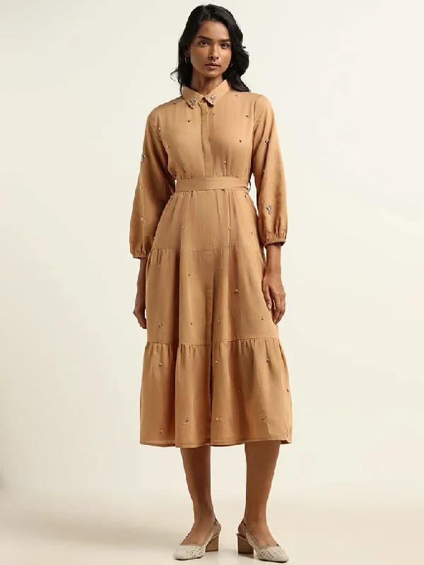 LOV Beige Embellished Blended Linen Dress with Belt Affordable unclassified dresses