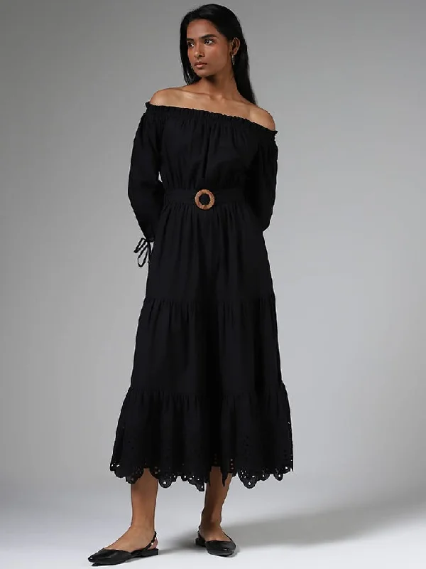 LOV Black Off Shoulder Tiered Dress with Belt Silk unclassified dresses