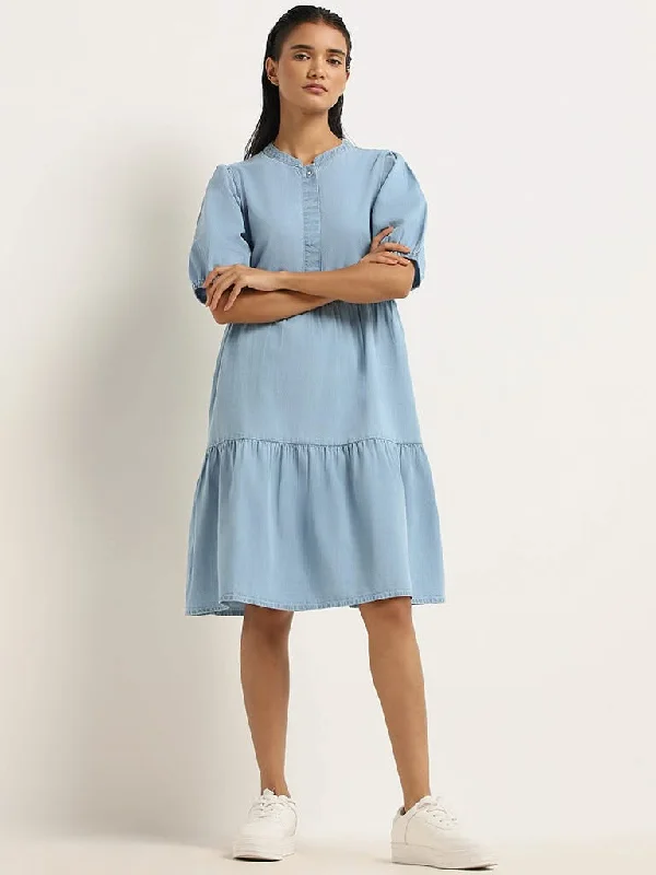 LOV Blue Cotton Tiered Dress Sexy unclassified dresses