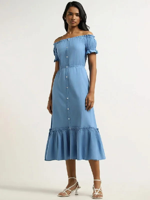 LOV Blue Off-Shoulder Blended Linen Dress Club unclassified dresses