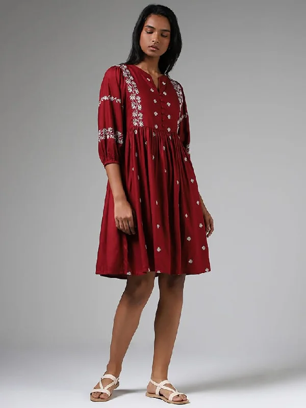 LOV Burgundy Embroidered Gathered Dress Pastel unclassified dresses