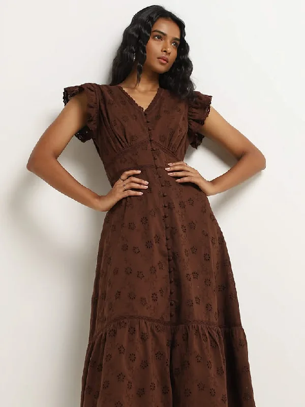 LOV Dark Brown Schiffli Design A-Line Cotton Dress High-low unclassified dresses