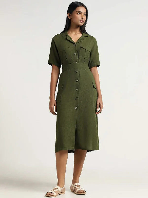 LOV Green Blended Linen Dress with Belt Embroidered unclassified dresses