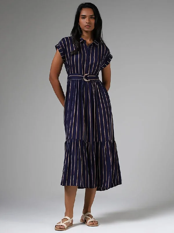 LOV Indigo Blue Striped Tiered Dress with Belt Fall unclassified dresses