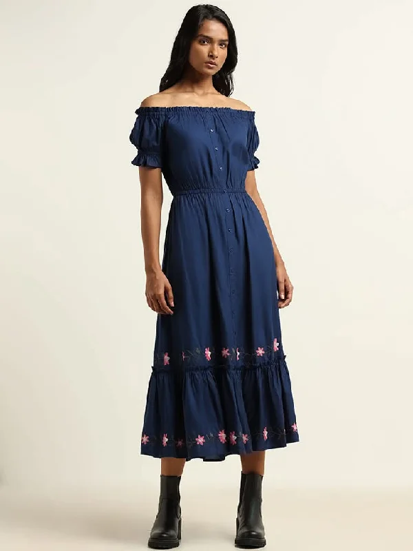 LOV Navy Cotton Off Shoulder Dress Festival unclassified dresses