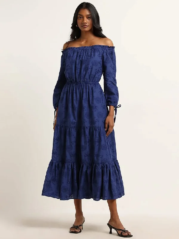 LOV Navy Schiffli Design Cotton Tiered Dress Ruffled unclassified dresses