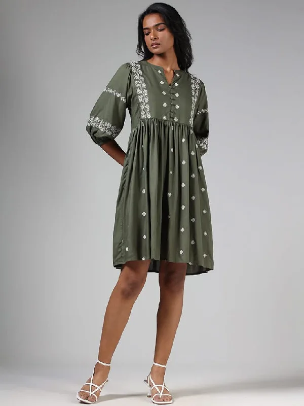 LOV Olive Green Embroidered Dress Silk unclassified dresses