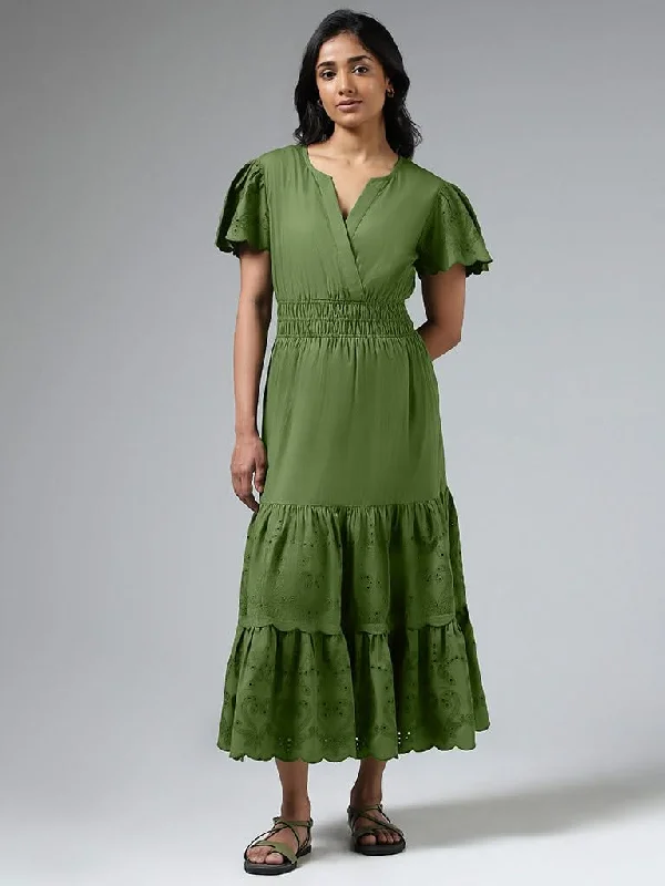 LOV Olive Green Schiffli Detail Tiered Dress Discounted unclassified dresses