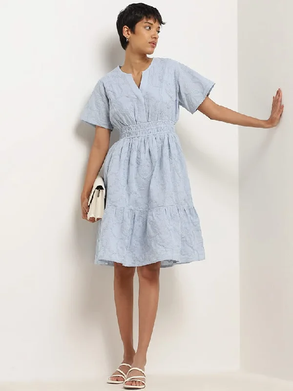 LOV Powder Blue Smocked Waisted Cotton Tiered Dress Mesh unclassified dresses