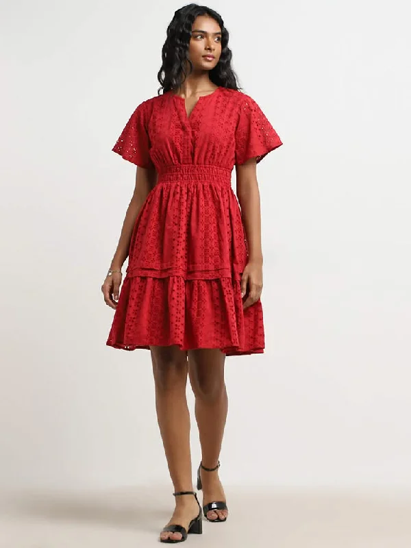 LOV Red Schiffli Design Cotton Tiered Dress Travel unclassified dresses