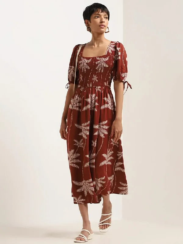 LOV Rust Smocked A-Line Blended Linen Dress Velvet unclassified dresses