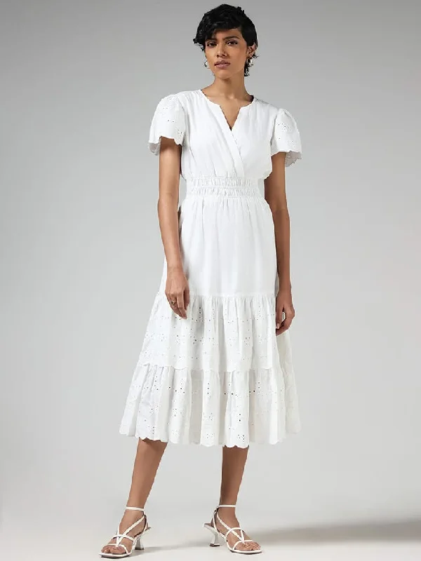 LOV White Cotton Schiffli Dress Ruffled unclassified dresses