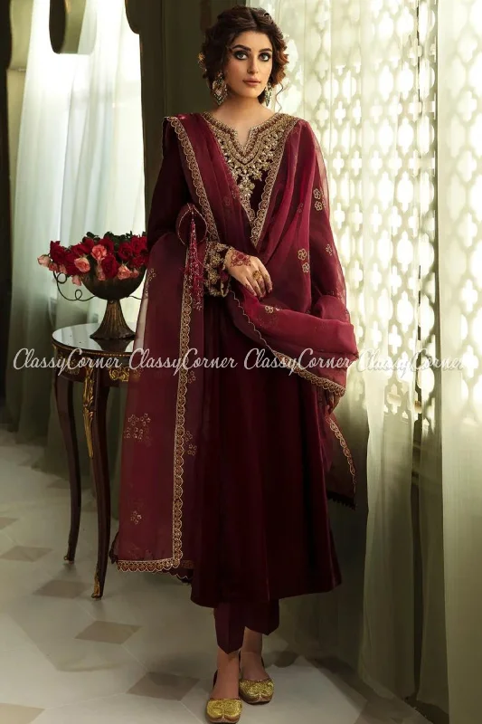 Magenta Velvet Embroidered Frock Style Suit Satin unclassified dresses