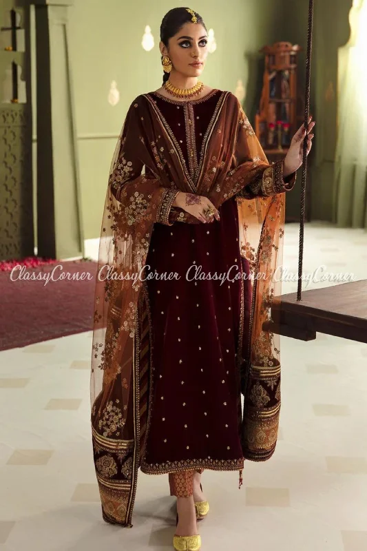 Maroon Oragne Velvet Embroidered Salwar Kameez Embroidered unclassified dresses