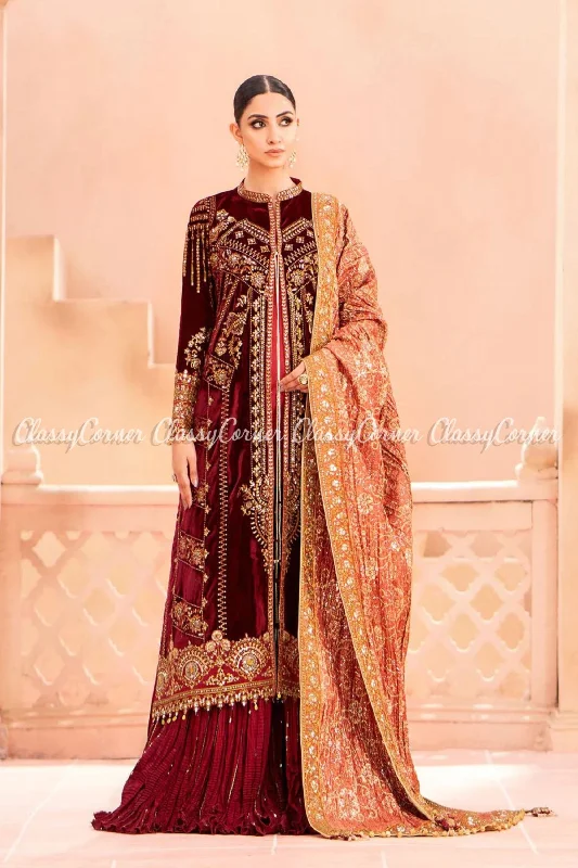 Maroon Orange Velvet Embroidered Sharara Outfit Discounted unclassified dresses