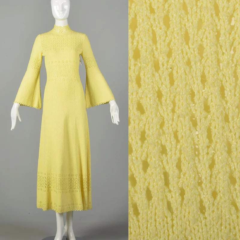 Medium 1970s Boho Dress Hippie Bell Sleeve Sheer Yellow Bohemian Knit Neutral tone unclassified dresses