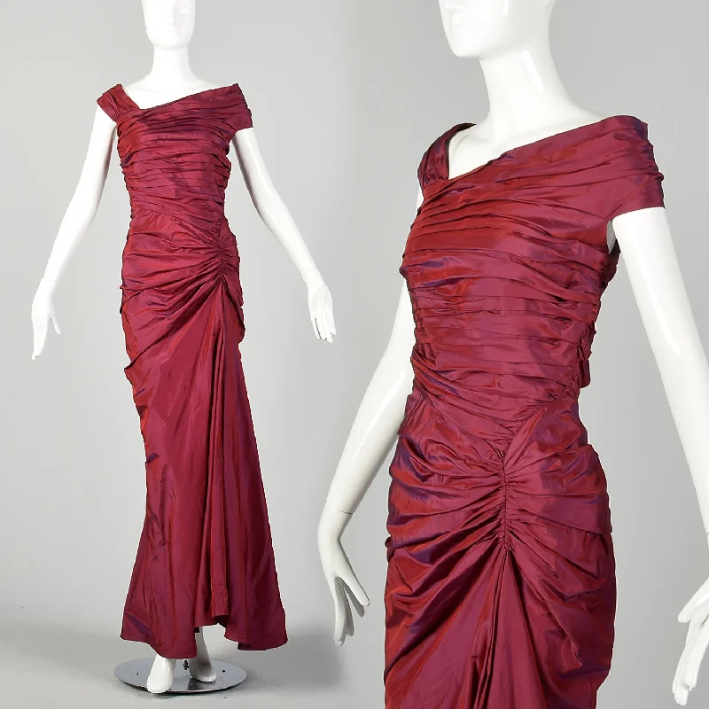 Medium 1990s Tadashi Burgundy Gown with Mermaid Hemline Ruched Bodice and Train Cotton unclassified dresses