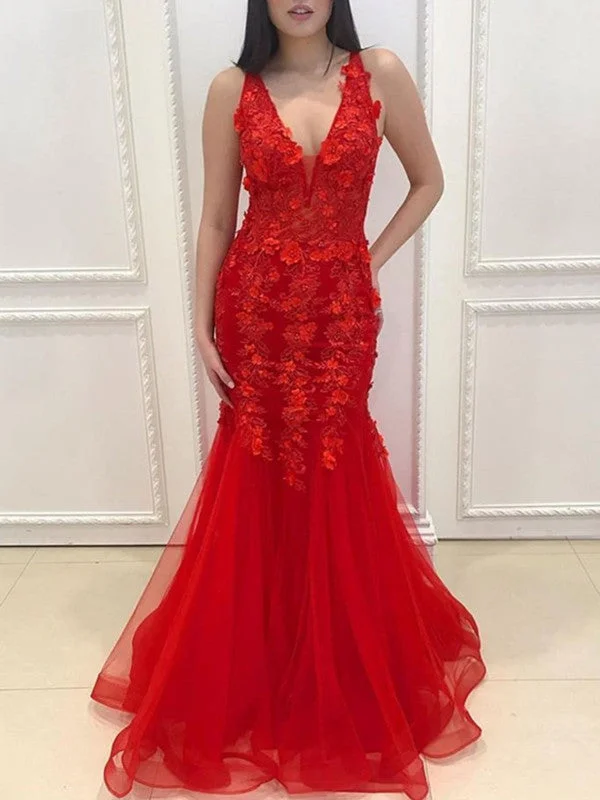 Mermaid Red Lace Floral Prom Dress, V-neck Lace Long 2021 Prom Dresses Women's trendy floral dresses sale