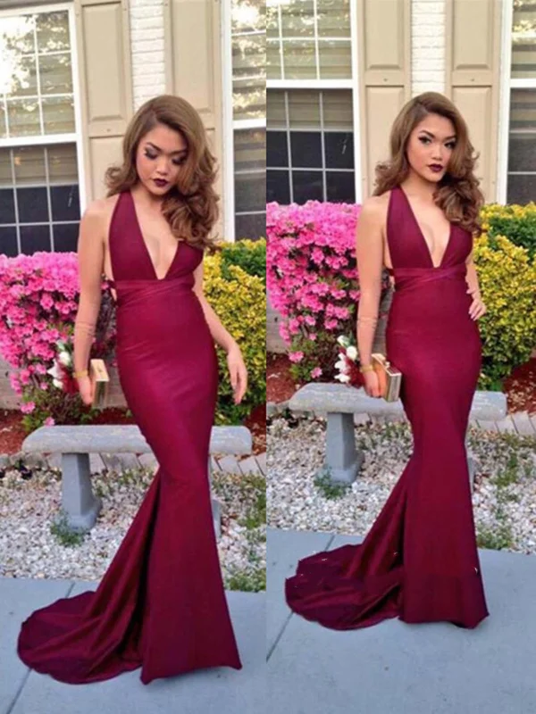 Mermaid V Neck Backless Maroon Prom Dress, Burgundy Formal Dress, Evening Dress Short unclassified dresses