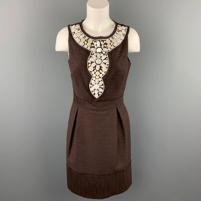 MILLY Size 6 Brown Textured Beaded Polyester / Cotton Sheath Dress Mesh unclassified dresses