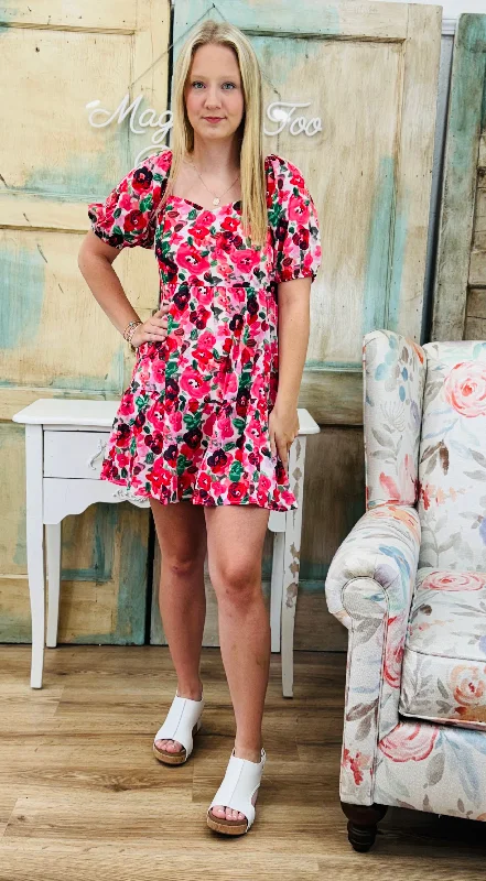 Mixed Floral Tiered Dress w/ Puff Sleeves and Pockets Cocktail floral dresses