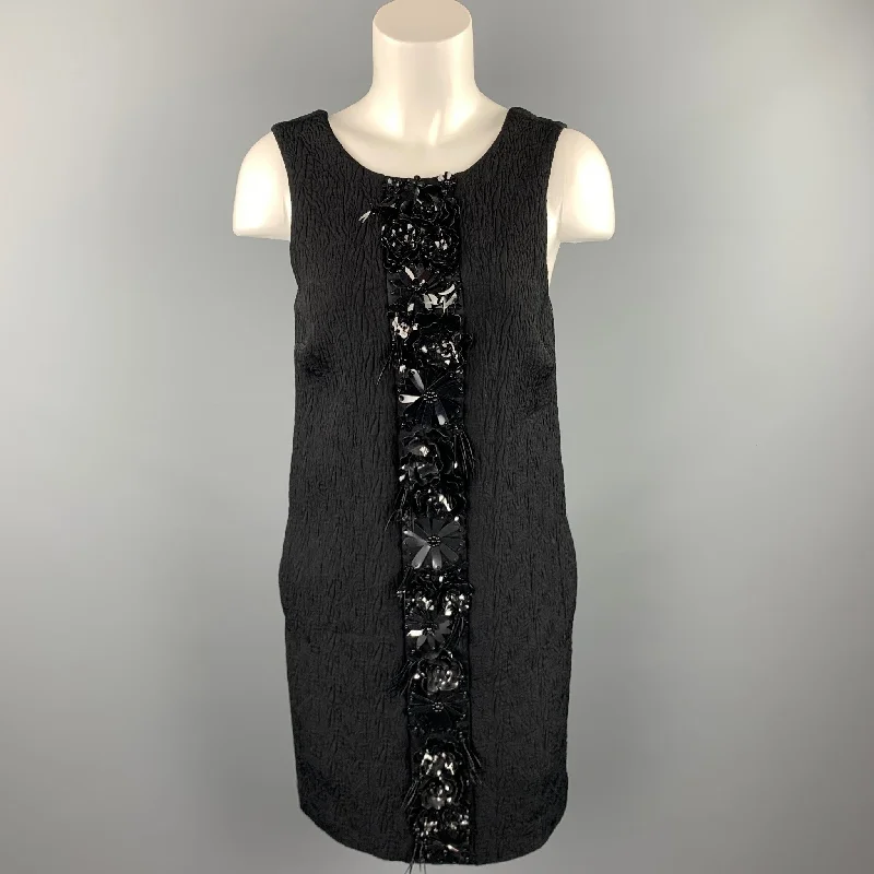 MSGM Size 6 Black Jacquard Embellished Viscose Blend Shift Dress Preppy unclassified dresses