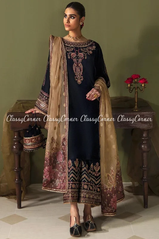 Navy Blue Beige Velvet Embroidered 3pc Suit Sleeveless unclassified dresses