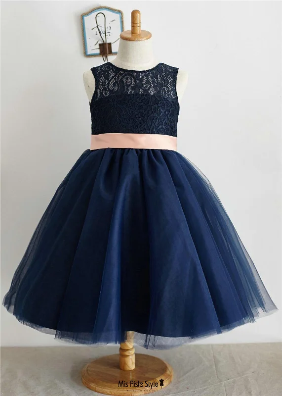 Navy Blue Flower Girl Dress with Pink Bow Ruffled unclassified dresses