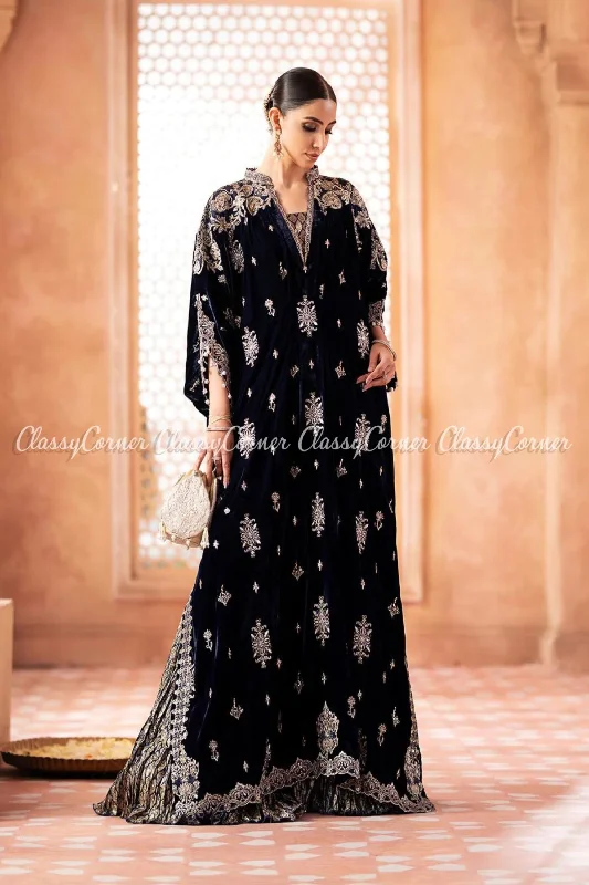 Navy Blue Velvet Embroidered Kaftan Outfit Preppy unclassified dresses