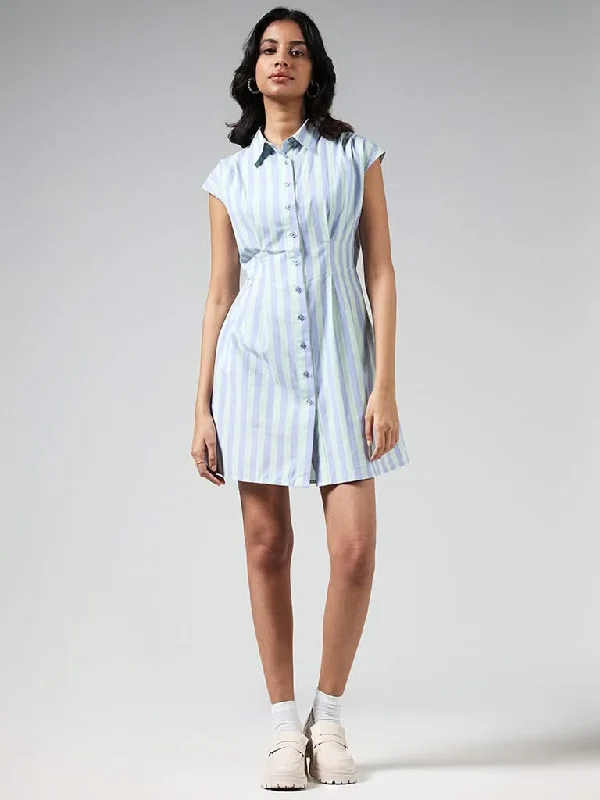 Nuon Lavender Striped Cotton Button Down Dress High-low unclassified dresses