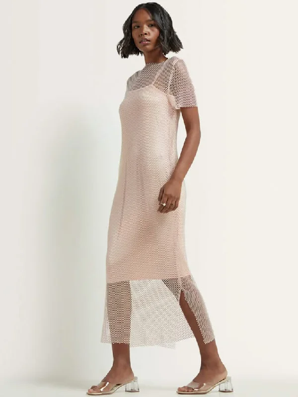 Nuon Light Pink Mesh Embellished Straight Dress with Inner Printed unclassified dresses