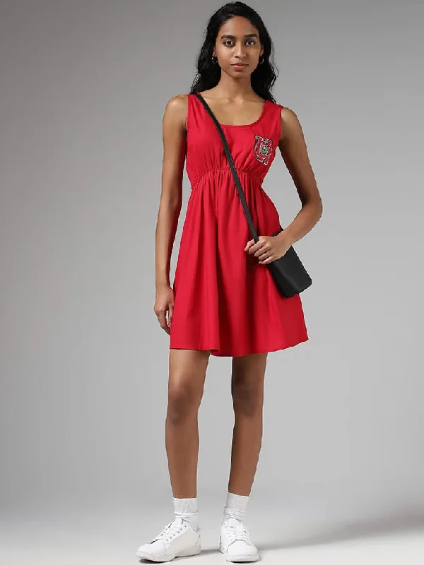 Nuon Red Tie-Up Gathered Dress Cocktail unclassified dresses