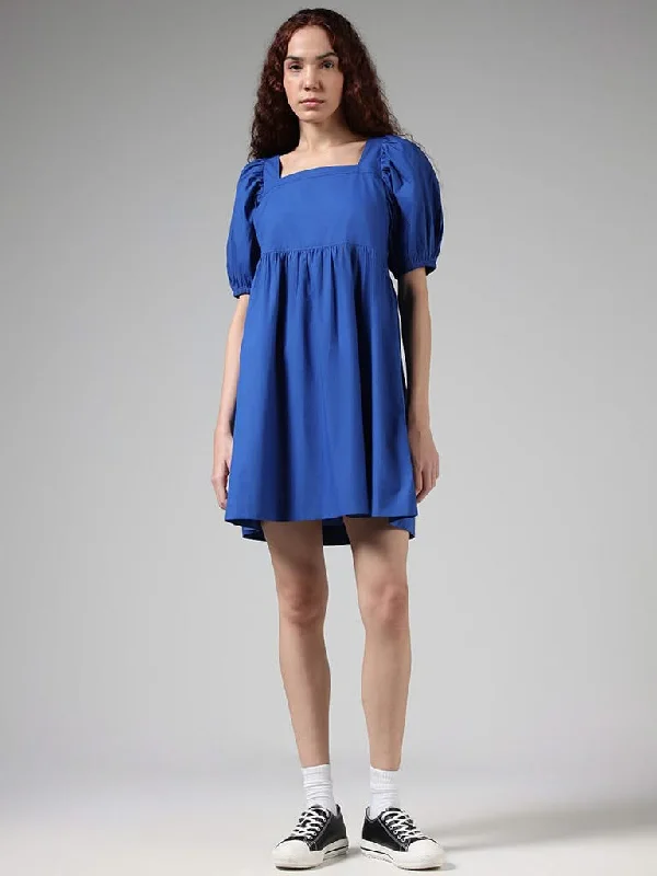 Nuon Solid Blue Cotton Gathered Dress Pastel unclassified dresses