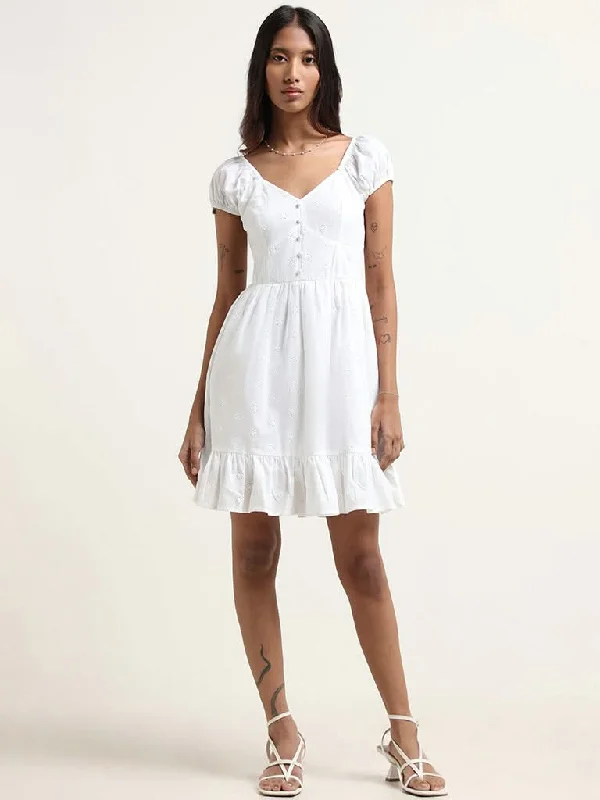 Nuon White Cotton Schiffli Dress Mesh unclassified dresses