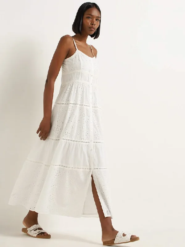 Nuon White Schiffli Detailed Tiered Dress Unique unclassified dresses