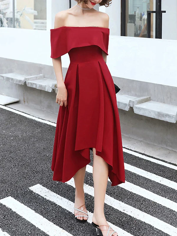 Off Shoulder High Low Burgundy Tea Length Prom Dresses, Off Shoulder Burgundy Formal Graduation Evening Dresses, Burgundy Homecoming Dresses SP2395 Open-back unclassified dresses