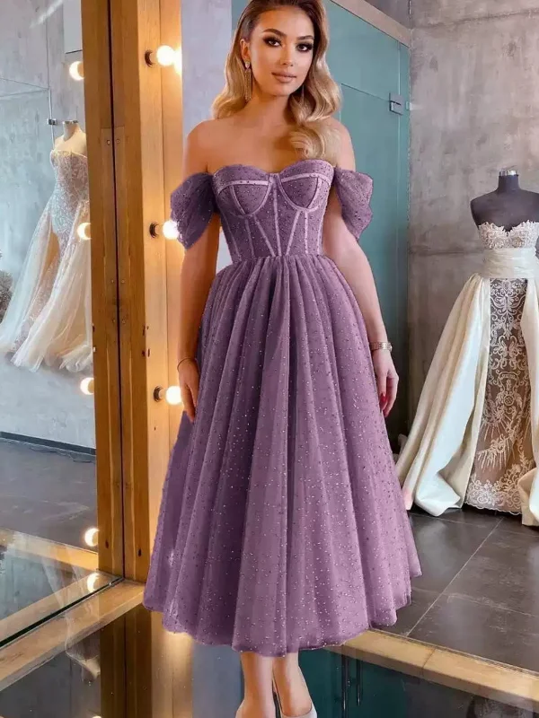 Off Shoulder Purple Beaded Tea Length Prom Dresses, Off the Shoulder Homecoming Dresses, Purple Formal Graduation Evening Dresses SP2740 Petite unclassified dresses