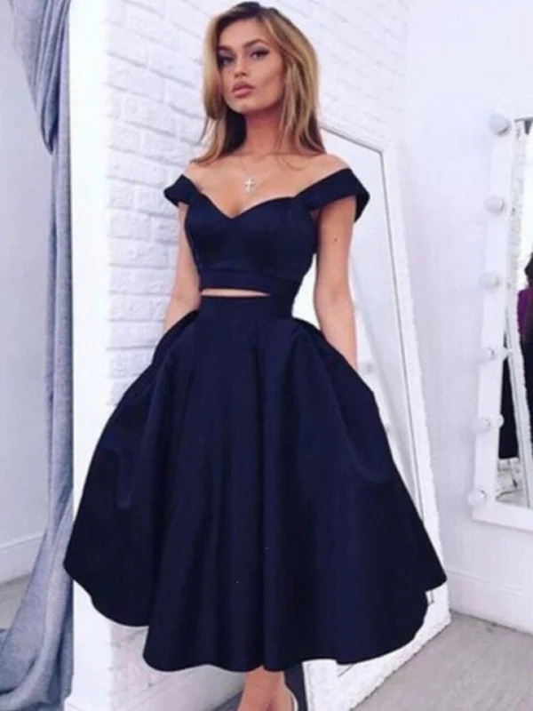 Off Shoulder Two Pieces Puffy Navy Blue Prom Dresses, Navy Blue Homecoming Dresses Bodycon unclassified dresses