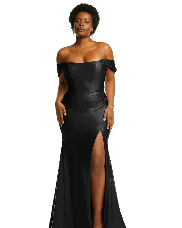 Off-the-Shoulder Corset Stretch Satin Mermaid Dress with Slight Train | Black One-shoulder unclassified dresses