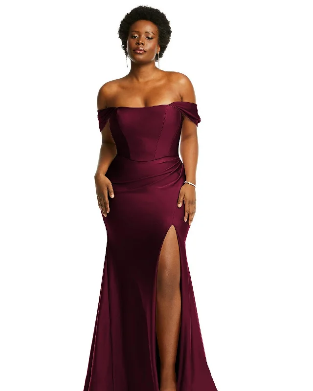 Off-the-Shoulder Corset Stretch Satin Mermaid Dress with Slight Train | Cabernet Holiday unclassified dresses