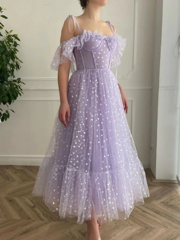 Off the Shoulder Tea Length Purple Prom Dresses, Off Shoulder Purple Homecoming Dresses, Lilac Formal Evening Dresses SP2526 Luxury unclassified dresses