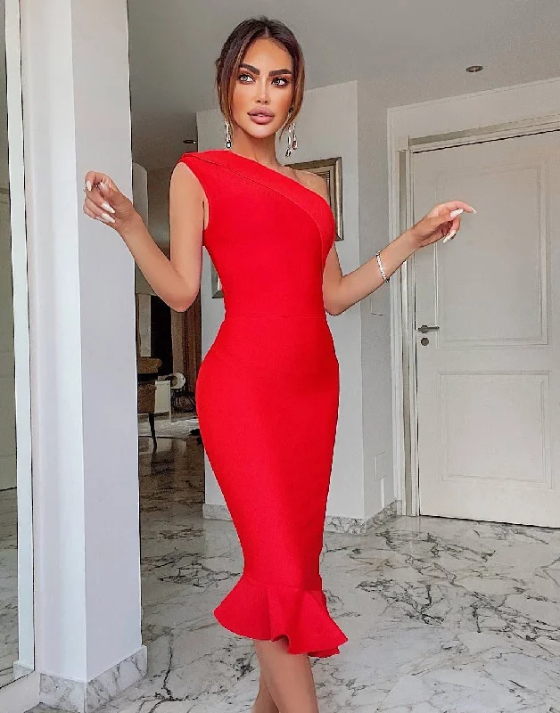 One Shoulder Flared Bandage Dress In Red Earthy tone unclassified dresses