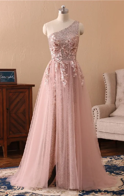 One Shoulder Pink Sparkle Slit Evening Dress Engagement unclassified dresses