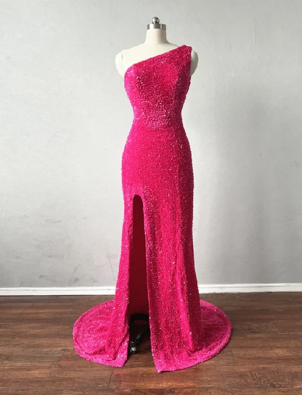 One  Shoulder Slit Sparkle Dark Pink Prom Dress Boho unclassified dresses