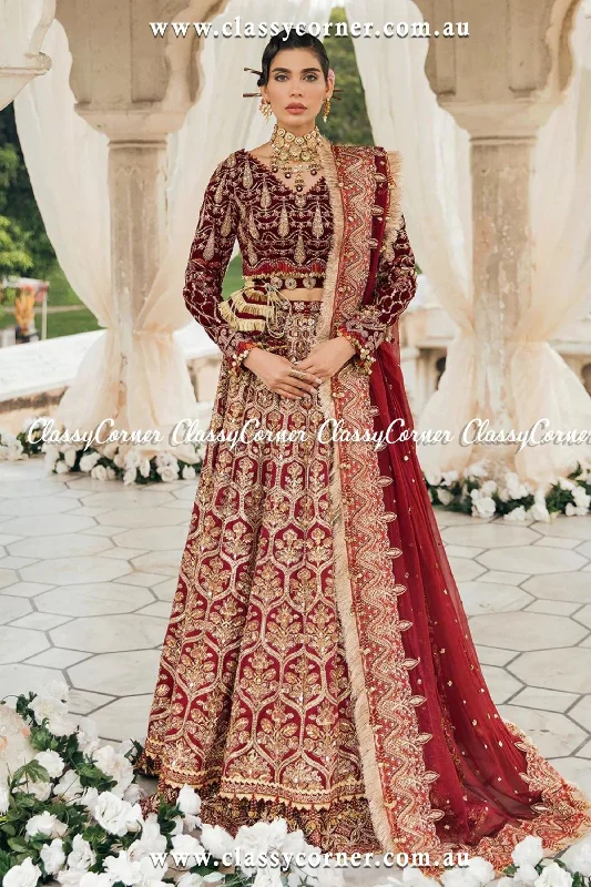 Pakistani Deep Red Velvet Bridal Lehenga Choli Casual chic unclassified dresses