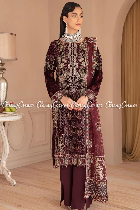 Pakistani Maroon Velvet Beige Net Embroidered Salwar Kameez Tiered unclassified dresses